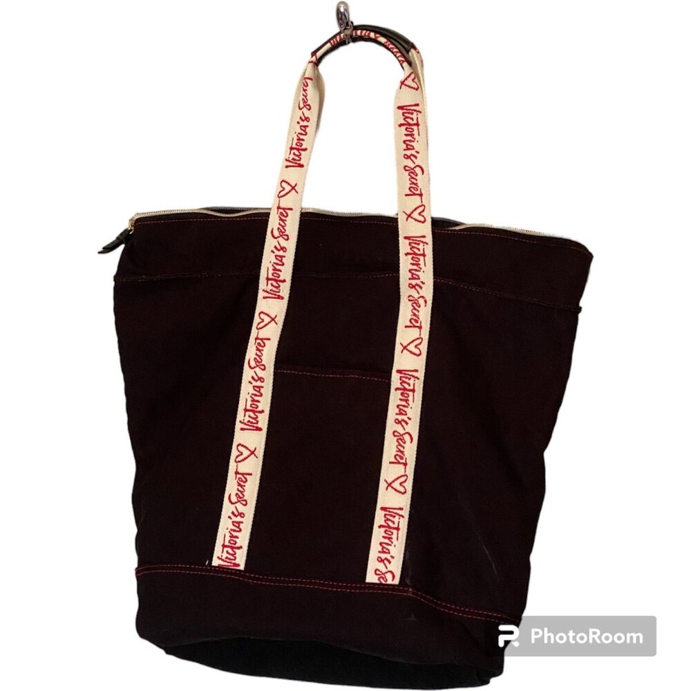 Victoria's Secret Black Canvas Tote Bag 17x16x6 Zip Closure w/ Handles - Picture 6 of 8